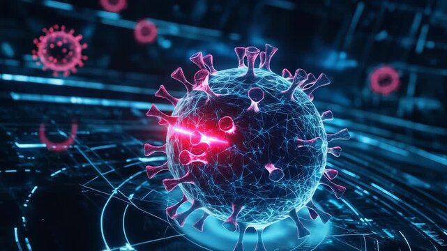Coronavirus variant showing mutations under digital microscope