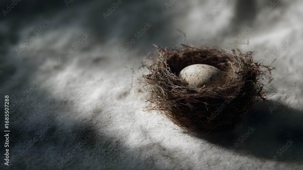 Poster a delicate bird s nest cradles a single speckled egg softly illuminated by natural light on a textur