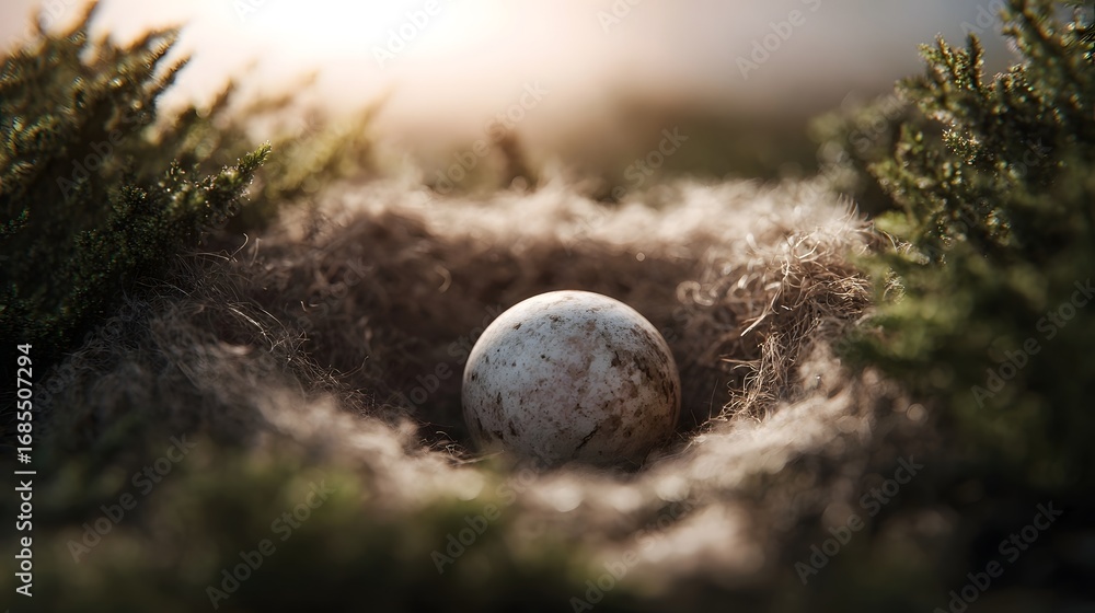 Poster a textured sphere resembling a miniature planet rests within a soft fibrous nest surrounded by green