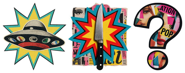 PNG Retro pop art collage elements, element set on transparent background
