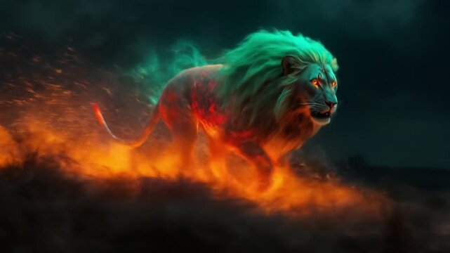 Majestic lion with glowing mane running through a fiery landscape under a stormy sky