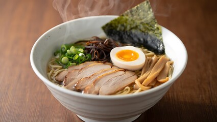 Delicious ramen bowl featuring pork slices egg and seaweed