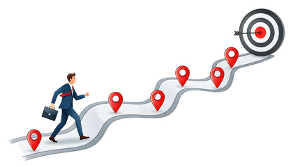 A businessman strides confidently along a winding path marked by location markers, steadily progressing towards a bullseye target, symbolizing achievement and goal-oriented progress.