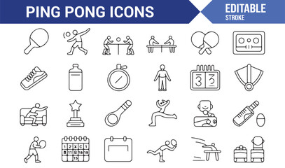 Vector editable stroke ping pong icons set with player, match, practice, champion, and equipment