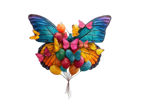 Colorful butterflies and balloons arranged in a heart shape
