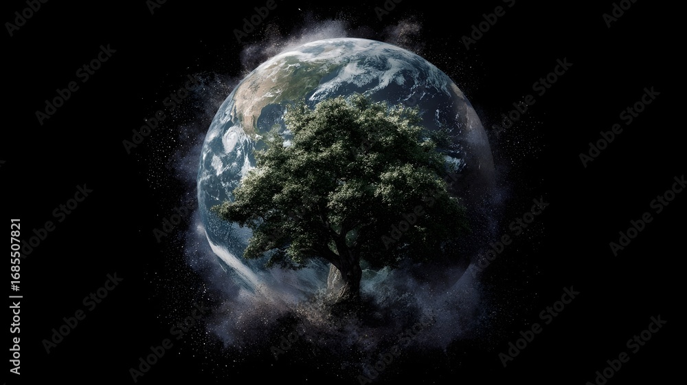Poster planet earth with a vibrant tree growing from its surface symbolizing the essential connection and h