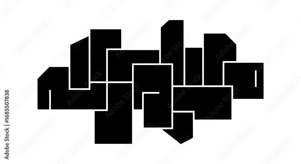 Poster a minimalist black and white vector of interlocking geometric blocks. this modern, architectural com