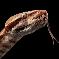 Fototapeta premium Detailed close-up of a snake showcasing intricate scale patterns and a flicking tongue against a dark background in a controlled environment