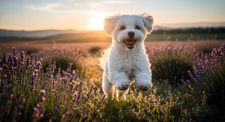 A white Maltese puppy joyfully leaps through a field of lavender at sunset. The golden light illuminates the scene, creating a vibrant and heartwarming image.