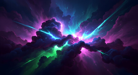 A digital painting depicting a vibrant cosmic explosion within dark clouds.  Neon pink, teal, and green streaks illuminate the scene, creating a dramatic and energetic atmosphere.