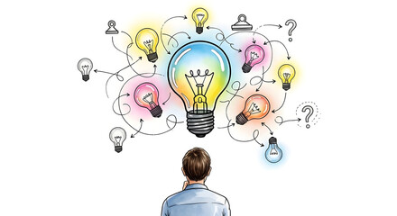 A man contemplates a large central lightbulb, surrounded by smaller, colorful bulbs interconnected by flowing lines and question marks, symbolizing the generation and connection of creative ideas.
