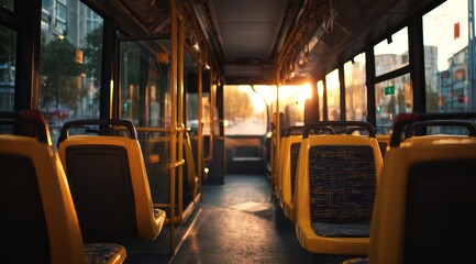 Empty City Bus Interior at Sunset