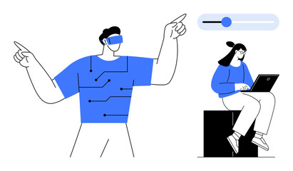 Man using a VR headset with technological details on his shirt, and a woman typing on a laptop. Ideal for technology, innovation, virtual reality, digital interaction, remote work, futuristic