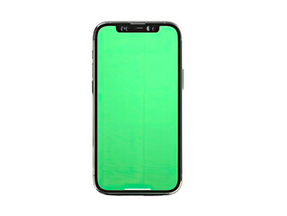 A modern smartphone, front view, displaying a solid lime green screen