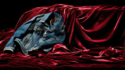 Denim jacket still life red velvet drape luxury fashion apparel casual garment texture rich elegance resting on dramatic cloth, moody studio lighting adds depth and allure