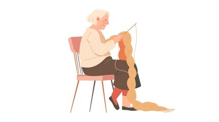 Fototapeta premium An elderly person with white hair sits comfortably in a pink chair knitting a long piece of striped yarn,