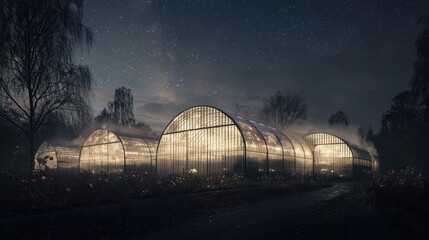 Obraz premium Greenhouses illuminated at night under a starry sky near a rural landscape showcasing modern agricultural practices