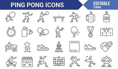 Editable vector ping pong icons including racket, player, trophy, scoreboard, and sports equipment