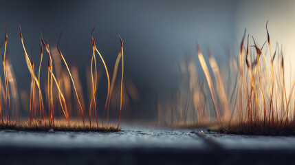 Macro moss stone sunrise dew golden threadlike shallow texture minimal