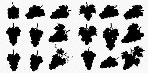 A diverse collection of black grape and leaf silhouettes, showcasing various cluster shapes on a transparent background.
