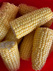 Close-up of several boiled corn cobs placed in a red bowl. The corn is yellow with visible kernels. Image suitable for food blogs, agriculture, and packaging.