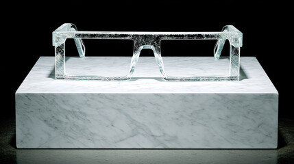 Sleek rectangular glasses transparent frame frosted texture geometric design modern minimal marble pedestal studio lighting luxury feel edgy style cool tone