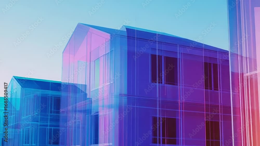 Poster row of colorful transparent houses under gradient sky symbolizing modern architecture