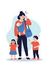 Overwhelmed mother juggling multiple children and daily demands feeling exhausted and stressed
