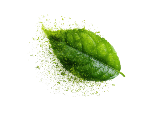 A vibrant green leaf surrounded by a burst of light yellow powder - Powered by Adobe