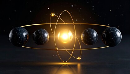 Celestial composition showing dark spheres aligned around a radiant nucleus