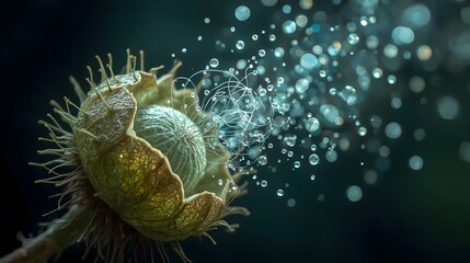 An imaginative and abstract macro photograph of a spiky green seed pod opening to release a network of floating bubbles and delicate, glowing filaments against a dark, blurred background