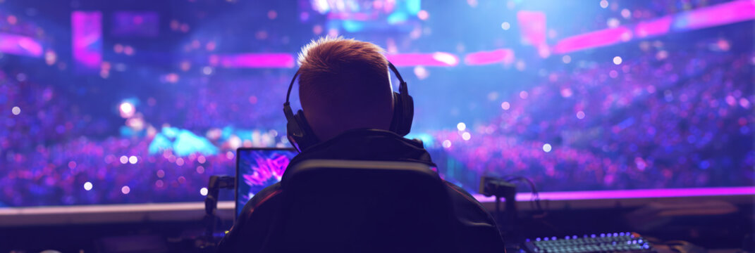 A gamer concentrates intensely on their screen amidst a lively esports tournament, banner