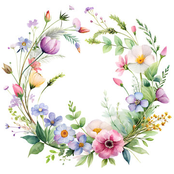 Watercolor Floral Wreath with Pastel Flowers and Greenery on transparent background
