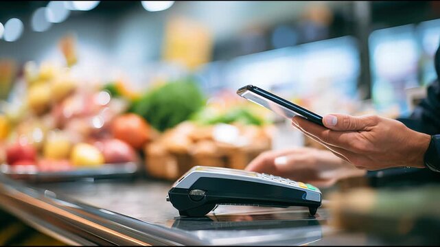 Explore modern payment methods while shopping for fresh groceries at a local market