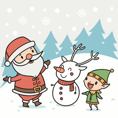 Festive Christmas scene with happy Santa, cheerful elf, and smiling snowman enjoying winter snowfall