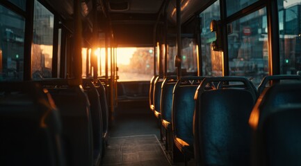 Fototapeta premium Empty City Bus Interior at Sunset with Warm Light and Urban View