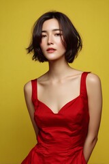 Fototapeta premium a beautiful Asian girl has a dark brown Bob hairstyle, fair skin and is wearing a red long dress