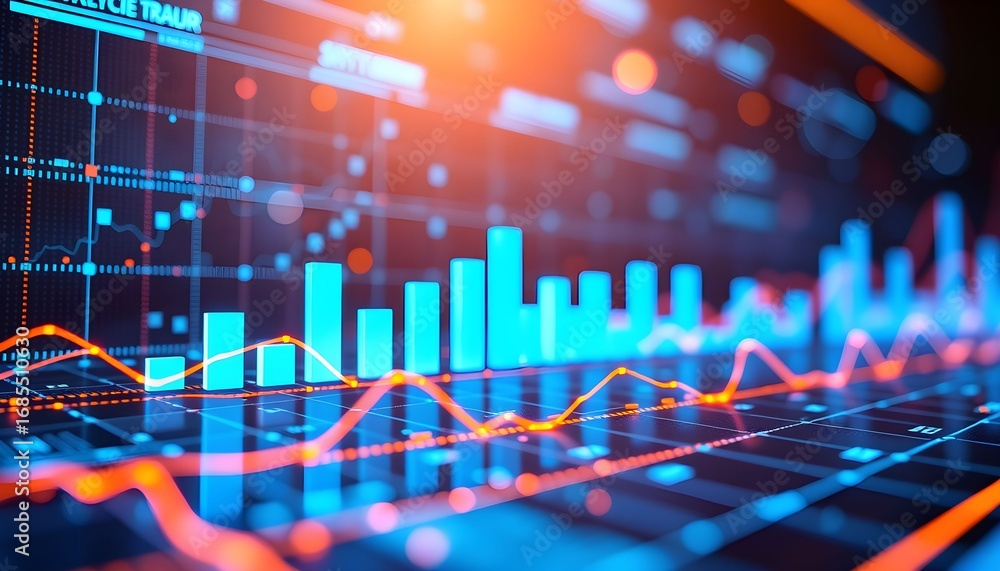 Poster digital display of financial data analytics with glowing bar charts and fluctuating line graphs.