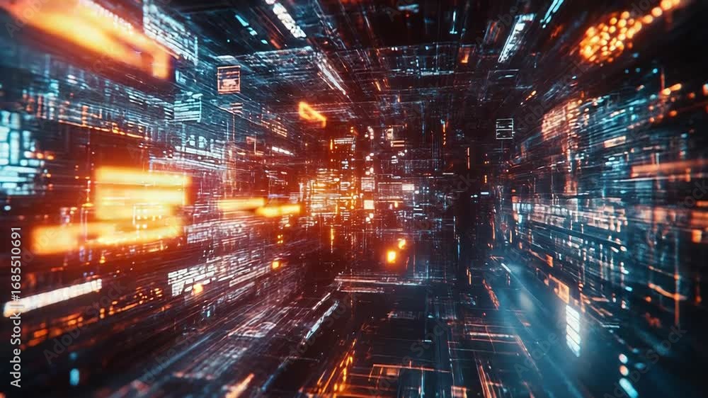 Poster digital data flowing through cyberspace tunnel visualization