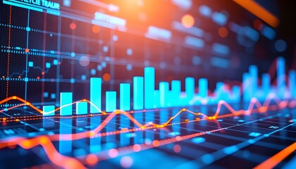 Digital display of financial data analytics with glowing bar charts and fluctuating line graphs.