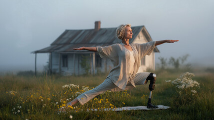 Wellness and strength showcase in serene fields at dawn with woman practicing yoga pose