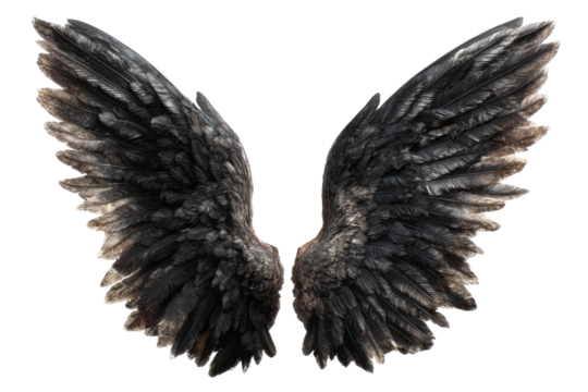 Dark, detailed angel wings against black background