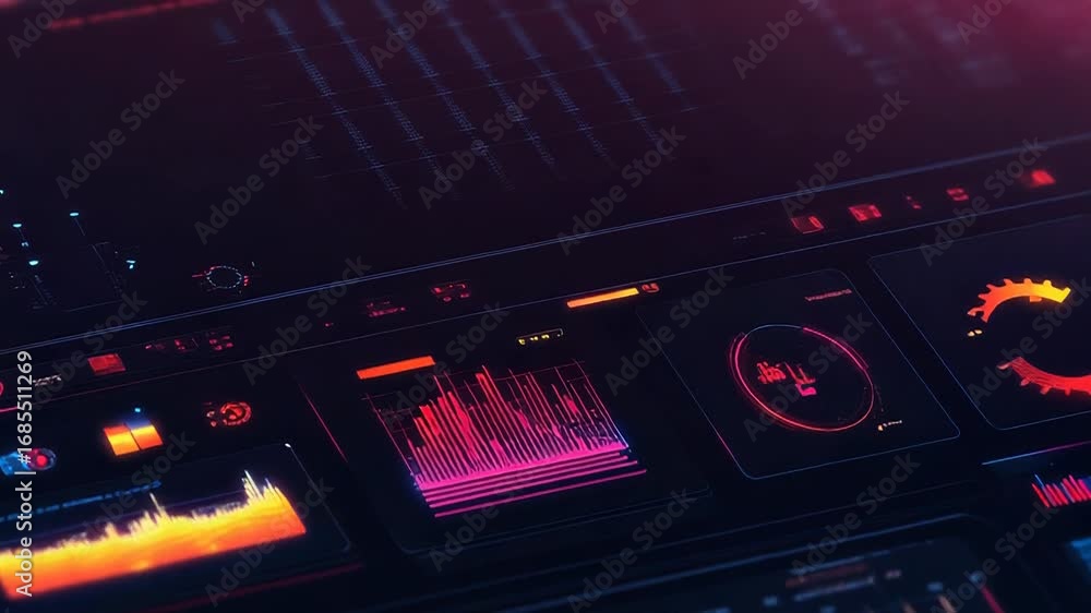 Poster futuristic interface displaying complex data analysis and statistics