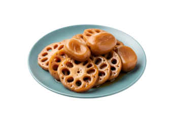 A light teal plate holds a selection of sliced lotus root, glazed with a savory sauce, creating a beautiful display of Asian cuisine.