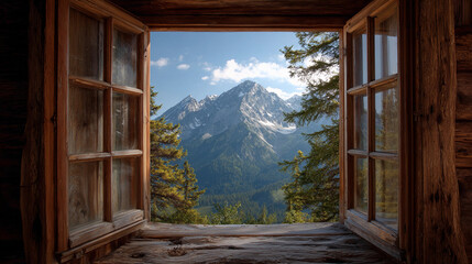 Mountain view from wooden cabin window overlooking lush forest and majestic peaks in bright daylight