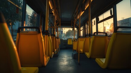 Fototapeta premium Empty City Bus Interior at Sunset with Yellow Seats and Warm Light