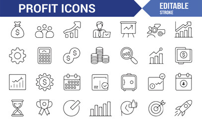Stroke style profit icons pack with business revenue, sales, economy, and corporate success symbols
