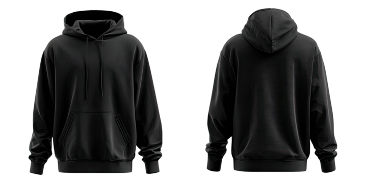 Full shot of a black hoodie, front and back views