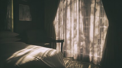 Hotel room illuminated by morning light with tidy bed and translucent curtains, perfect for hospitality promotions, travel agencies, or calm getaway graphics.