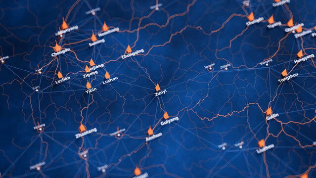 Zunyi map big data visualization. Futuristic map infographic of city in China. Visual map data complexity in modern blue and orange colors